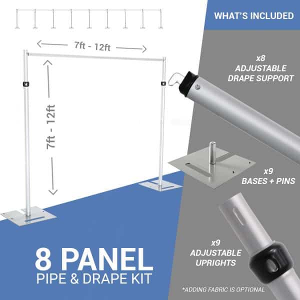 8-Panel Pipe and Drape Kit / Backdrop - 7-12 Feet Tall (Adjustable) | Rental