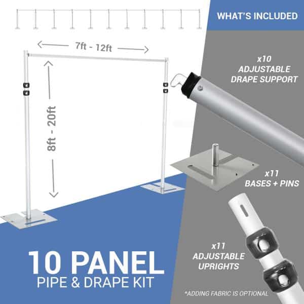 DELUXE-10 Panel Pipe and Drape Kit / Backdrop - 8-20 Feet Tall (Adjustable) Comes W/ 3 Piece Uprights for Maximum Height Adjustment | Rental