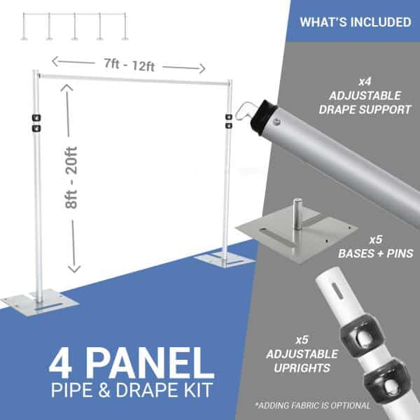 DELUXE-4 Panel Pipe and Drape Kit / Backdrop - 8-20 Feet Tall (Adjustable) Comes W/ 3 Piece Uprights for Maximum Height Adjustment | Rental