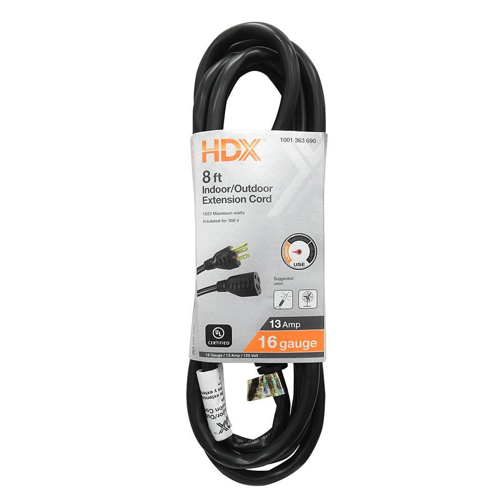 HDX — 8 ft. 16/3 Light Duty Indoor/Outdoor Extension Cord, Black | Rental