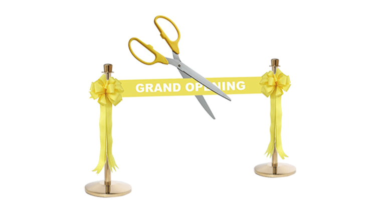 Ribbon Cutting Kit | Grand Opening Ceremony Gloss Yellow Ribbon, Scissors, Bows & Stanchions
